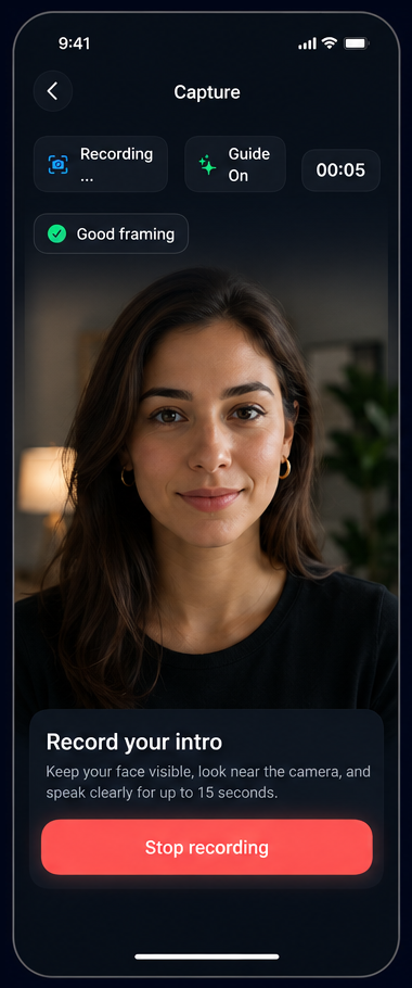 AI Truth Mirror capture screen for recording a speaking take