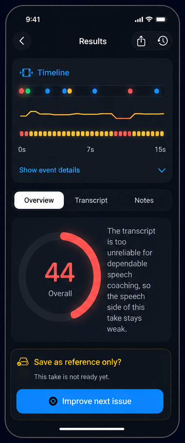 AI Truth Mirror results screen with focused communication feedback